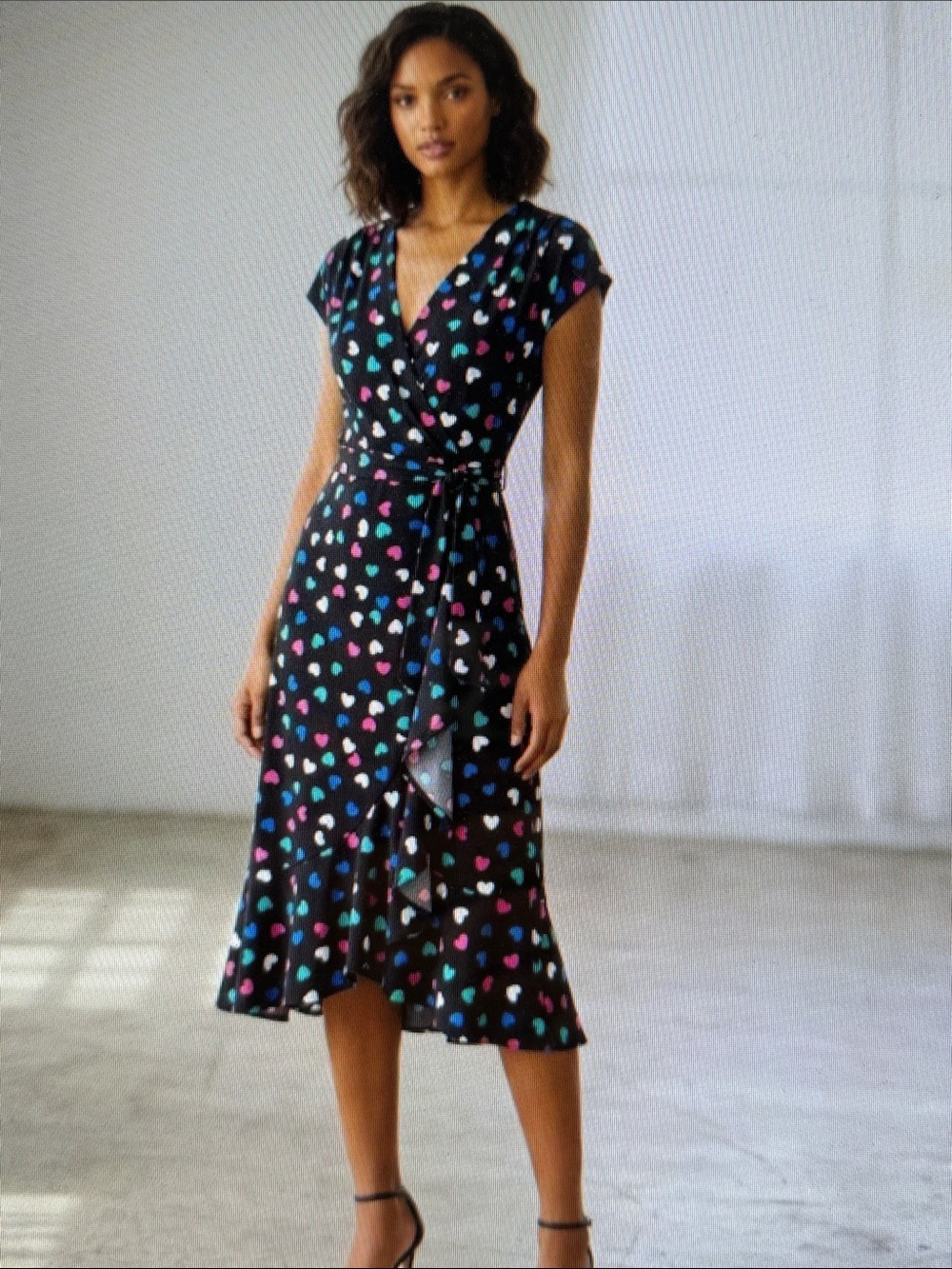 Romantic Fun Heart Print Black Wrap Dress 1X Flutter Sleeve Midi Fall Playful